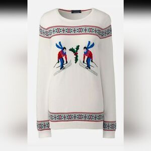 Lands End Ski FairIsle Design 100% Supima Cotton Sweater White Winter M MT